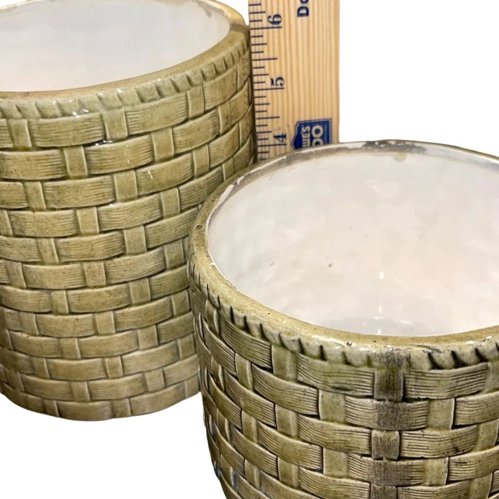 Vintage MCM‎ Green Woven Pot Planter Setof 2, 5